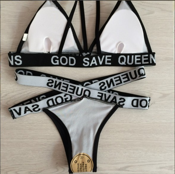 F4594 God Save Queens Black Bikini Sets